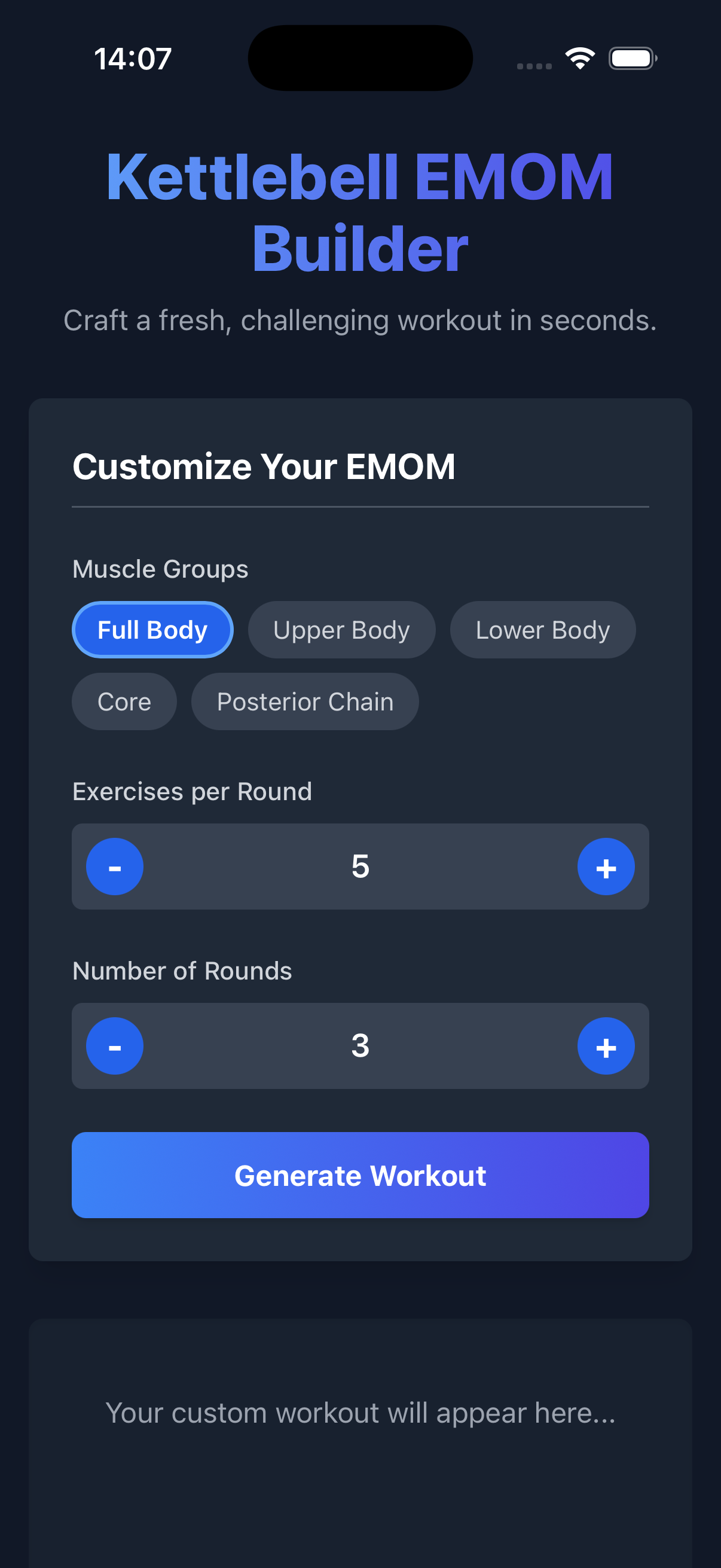 App screenshot showing the workout generation screen