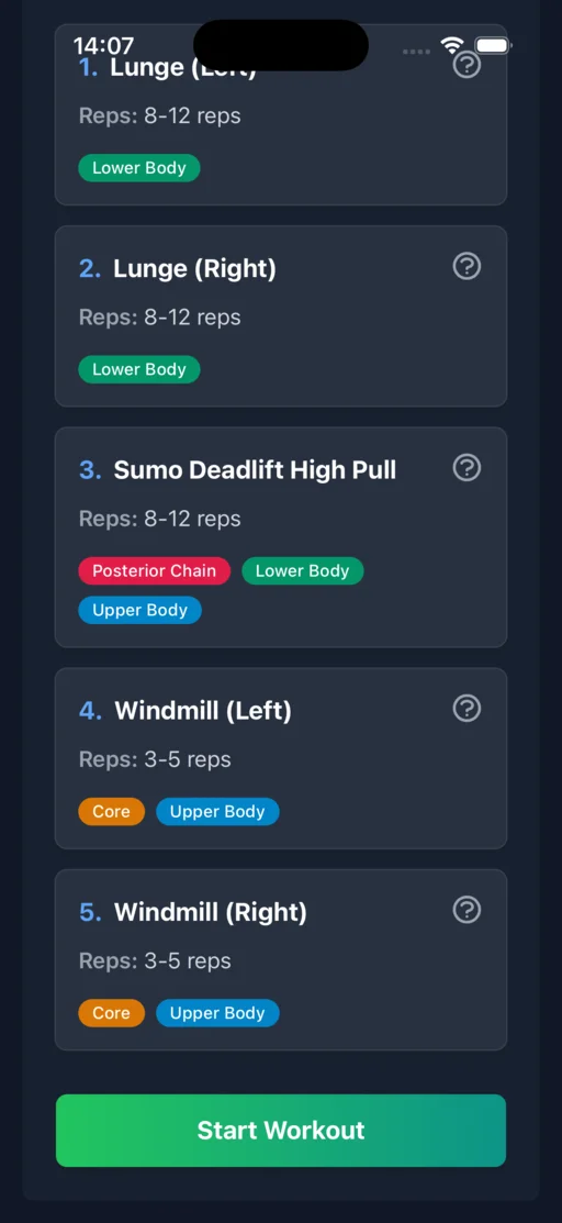 Kettlebell EMOM app showing Up Next screen to eliminate decision fatigue
